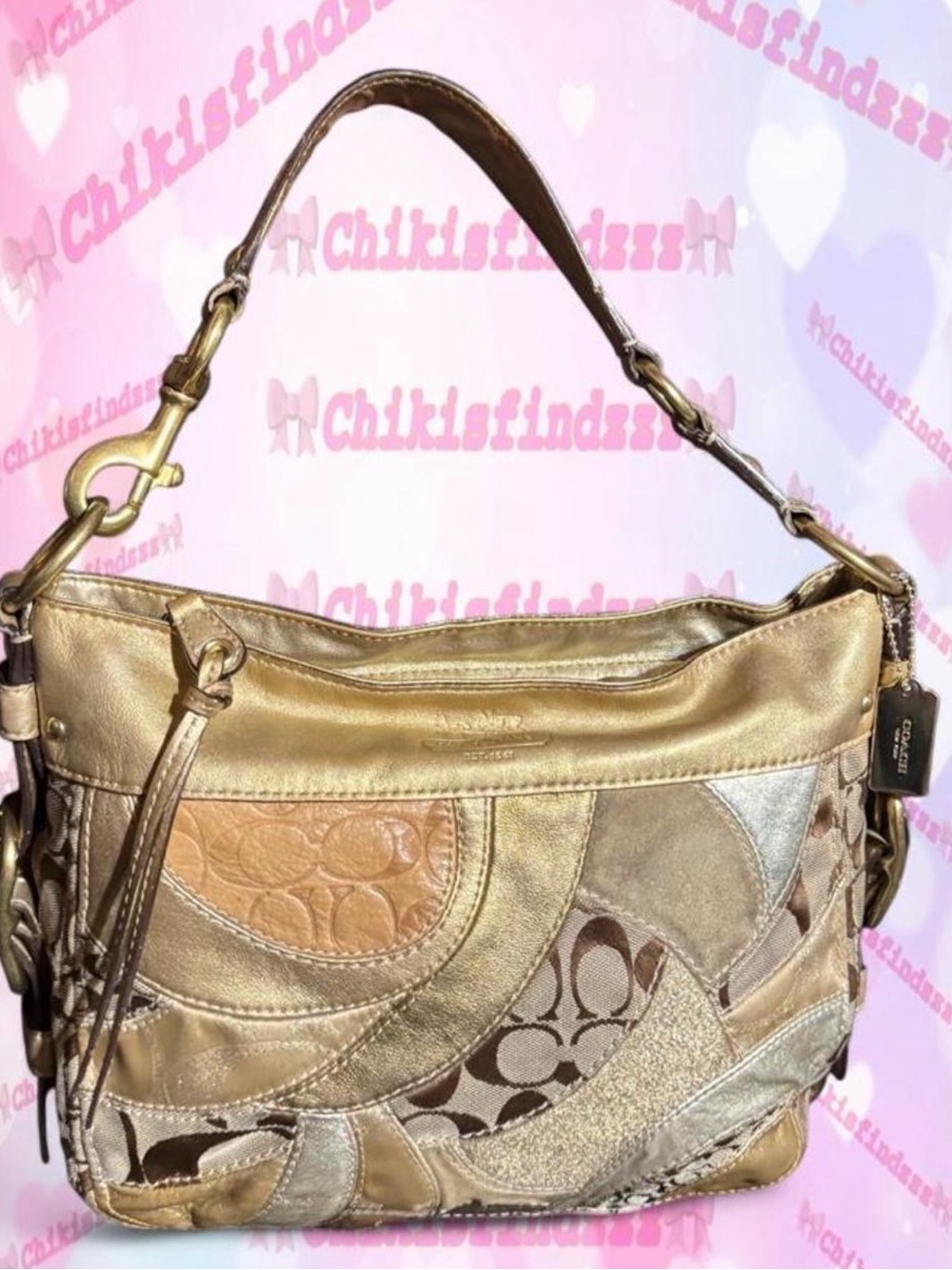 Coach Gold Metallic Patchwork Shoulder Bag with Signature Canvas